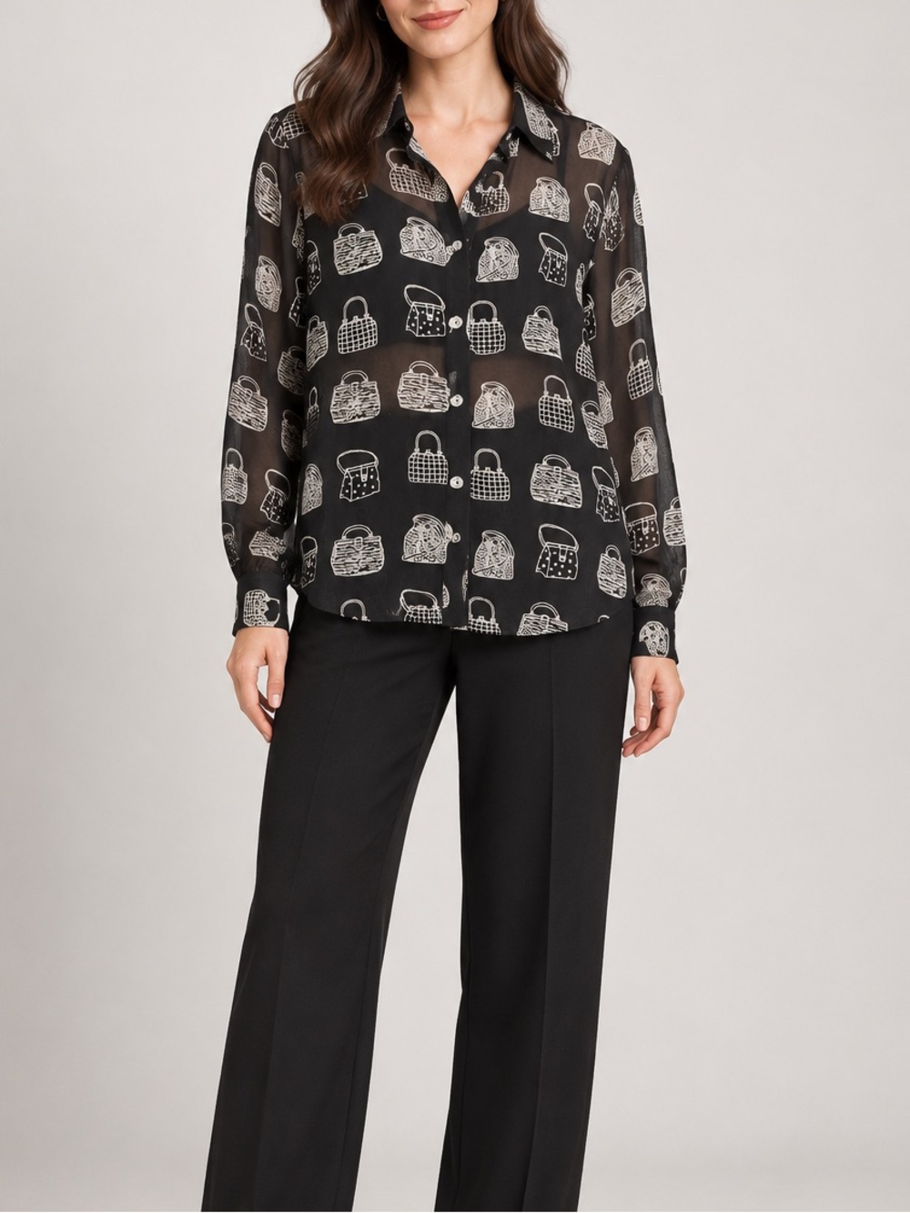 Ilyse Hart Ltd Black Handbag Print Sheer Button-Up Blouse Size M Vintage